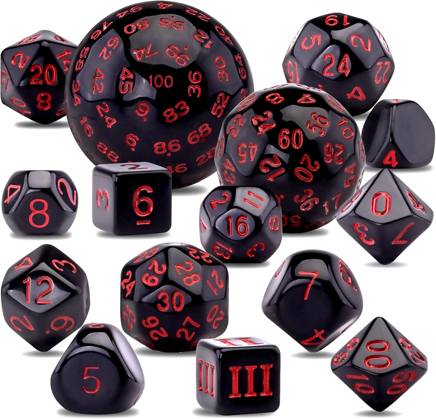 AUSTOR Juego completo de dados poliédricos D3-D100 de 15 piezas con una bolsa de almacenamiento de cuero con cordón para juegos de mesa (negro y