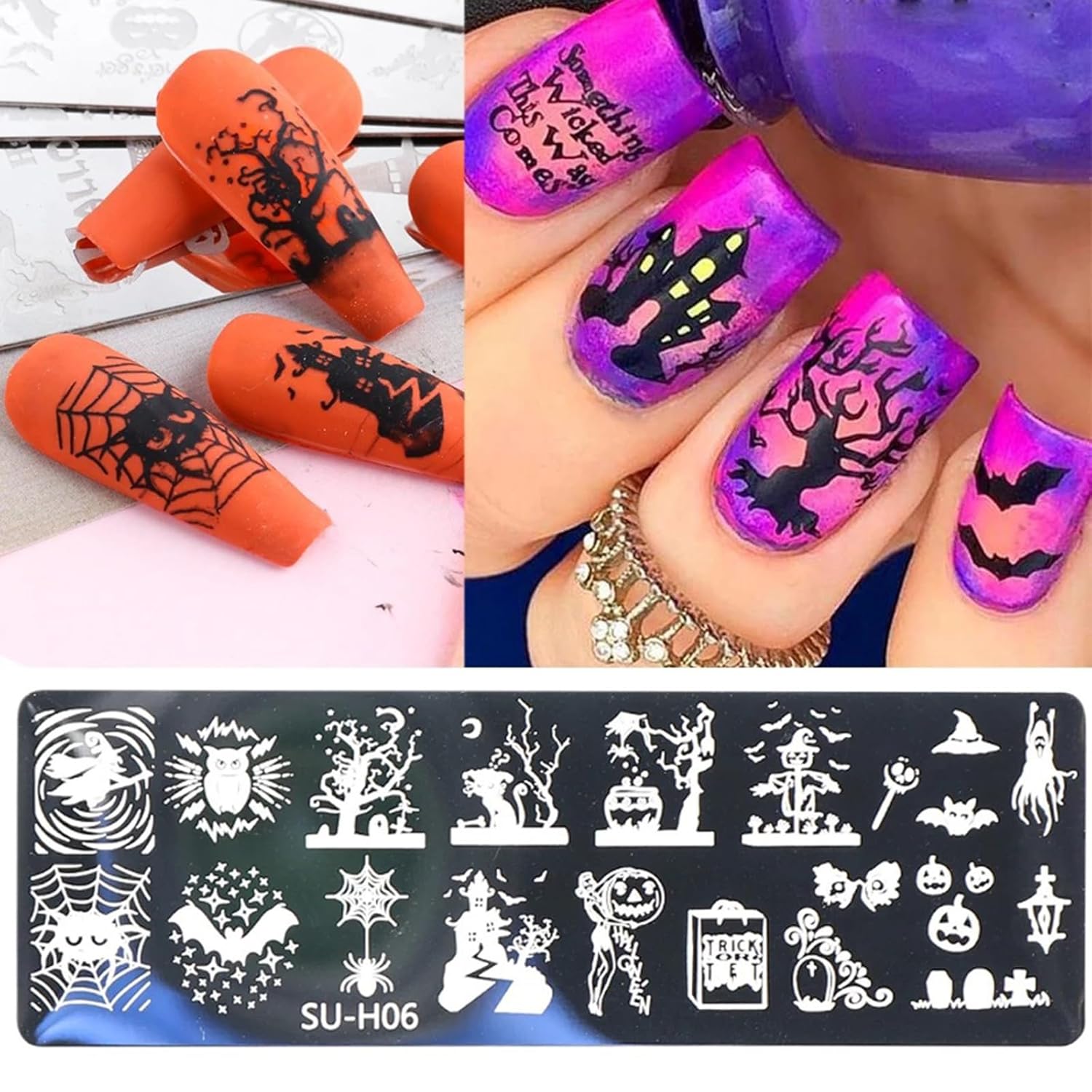 Placa de estampado de uñas de Halloween, 6 placas de uñas + 1 sello de uñas + 1 raspador de uñas de terror para Halloween, kit de sello de uñas de