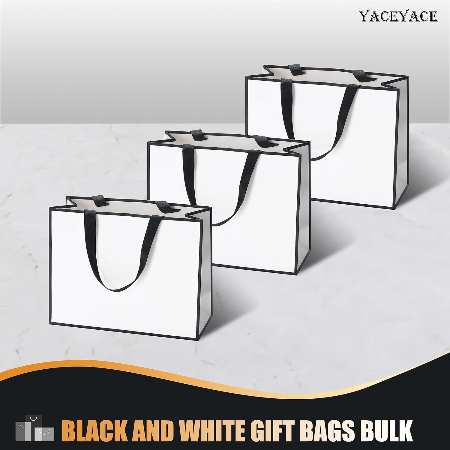 Bolsas de regalo en blanco y negro, 20 unidades, 10.5 x 4.25 x 8 pulgadas, medianas bolsas de regalo blancas y negras con asas de cinta, bolsas de