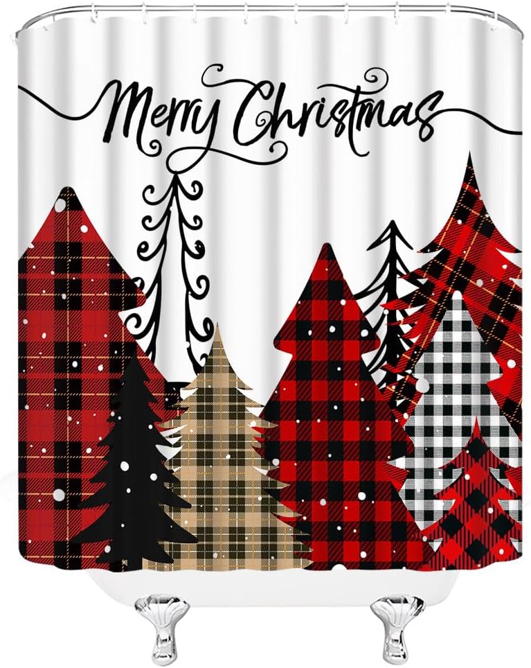 ZKJSMGS Cortina de ducha para árbol de Navidad, pino de Navidad, diseño de copos de nieve a cuadros rojo y negro, diseño de copos de nieve para