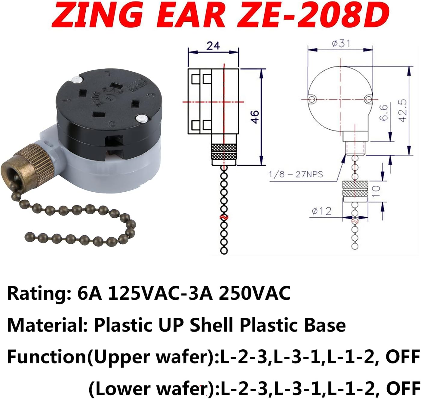 Interruptor de ventilador de techo Zing Ear ZE-208D Control de 3 velocidades 5-8 cables Interruptor de cadena de tracción Accesorios Accesorios