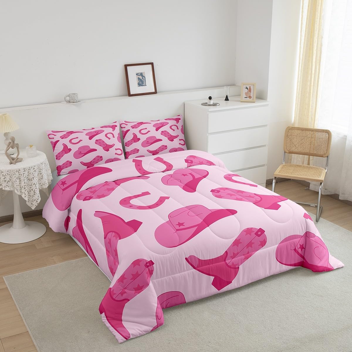 Erosebridal Juego de ropa de cama de vaquera, lindo juego de edredón de vaquera rosa kawaii, regalo para niñas y mujeres, sombrero de vaquero, botas