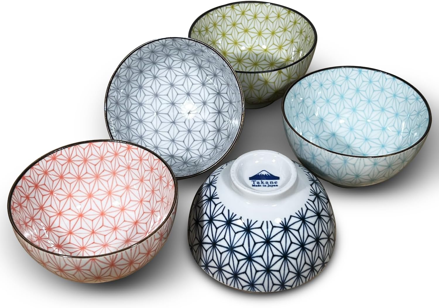 Vibrante colección de 5 cuencos de arroz en tamaño clásico japonés, tonos modernos, aptos para microondas y lavavajillas, presentados en elegante