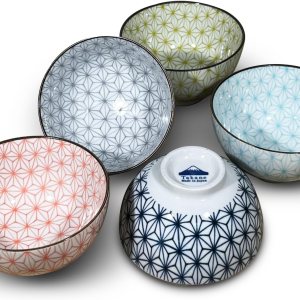 Vibrante colección de 5 cuencos de arroz en tamaño clásico japonés, tonos modernos, aptos para microondas y lavavajillas, presentados en elegante Vibrante colección de 5 cuencos de arroz en tamaño clásico japonés, tonos modernos, aptos para microondas y lavavajillas, presentados en elegante