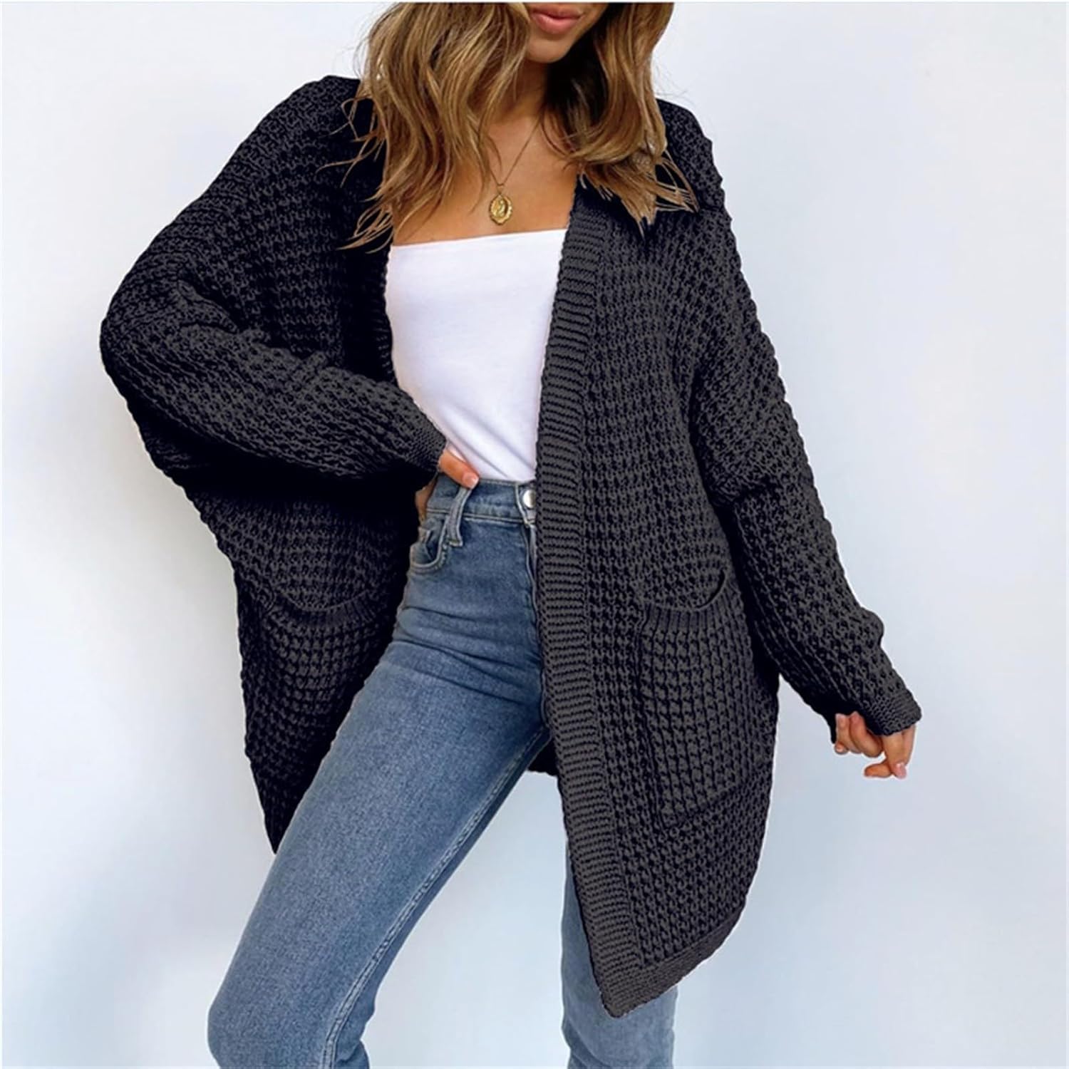 Cárdigan de punto grueso con frente abierto para mujer, suéter de manga larga, acanalado, ligero, elegante, casual, para exteriores
