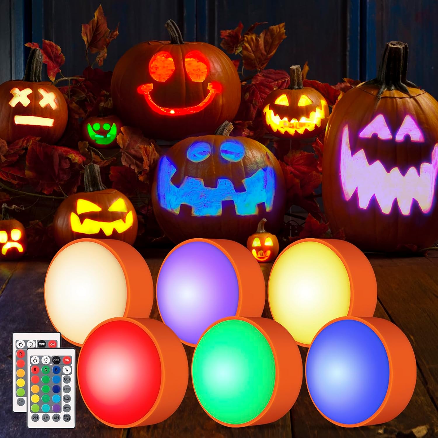 LUNSY Faroles LED de calabaza sin llama, funcionan con pilas, con control remoto y temporizador, luces RGB regulables que cambian de color para
