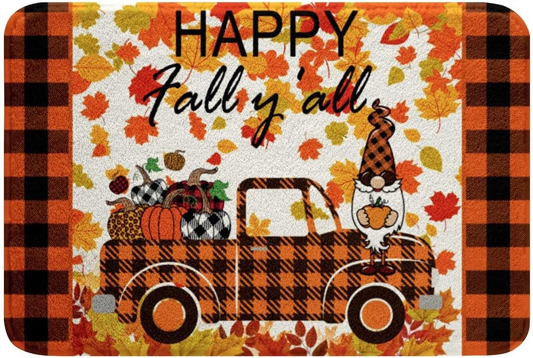 Fall Gnomes Bath Mat for, Autumn Plaid Truck Maple Leaf Pumpkin Bath Carpets, Thanksgiving Harvest Rugs, Non Slip Plush, 32x20In