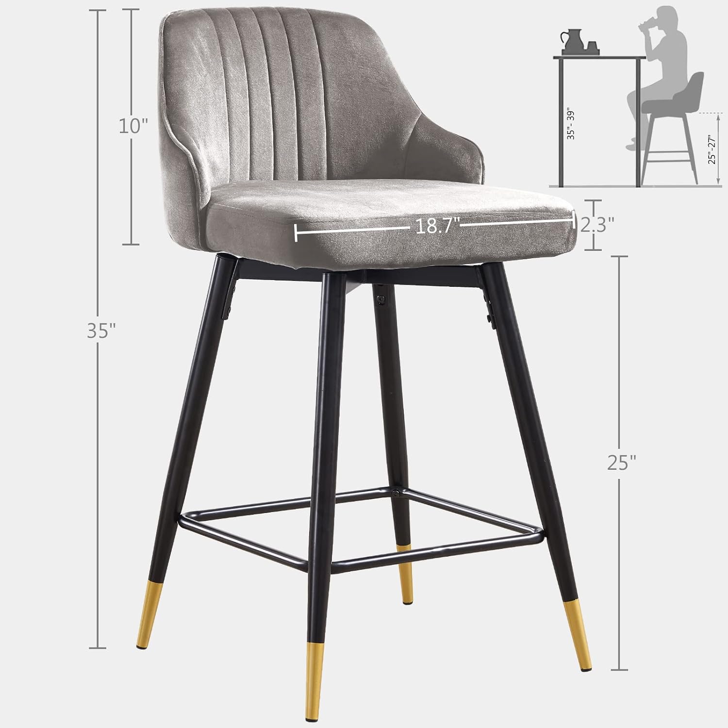 Juego de 2 taburetes de bar giratorios de altura de mostrador con respaldo bajo y cómodas sillas de bar, sillas de bar de terciopelo, patas de metal