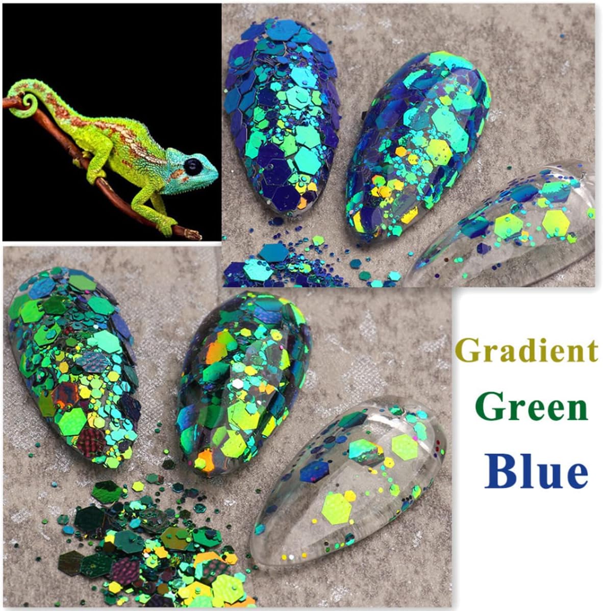 Lentejuelas hexagonales gruesas con purpurina holográfica en polvo de sirena en escamas brillantes para arte de uñas, lentejuelas iridiscentes,