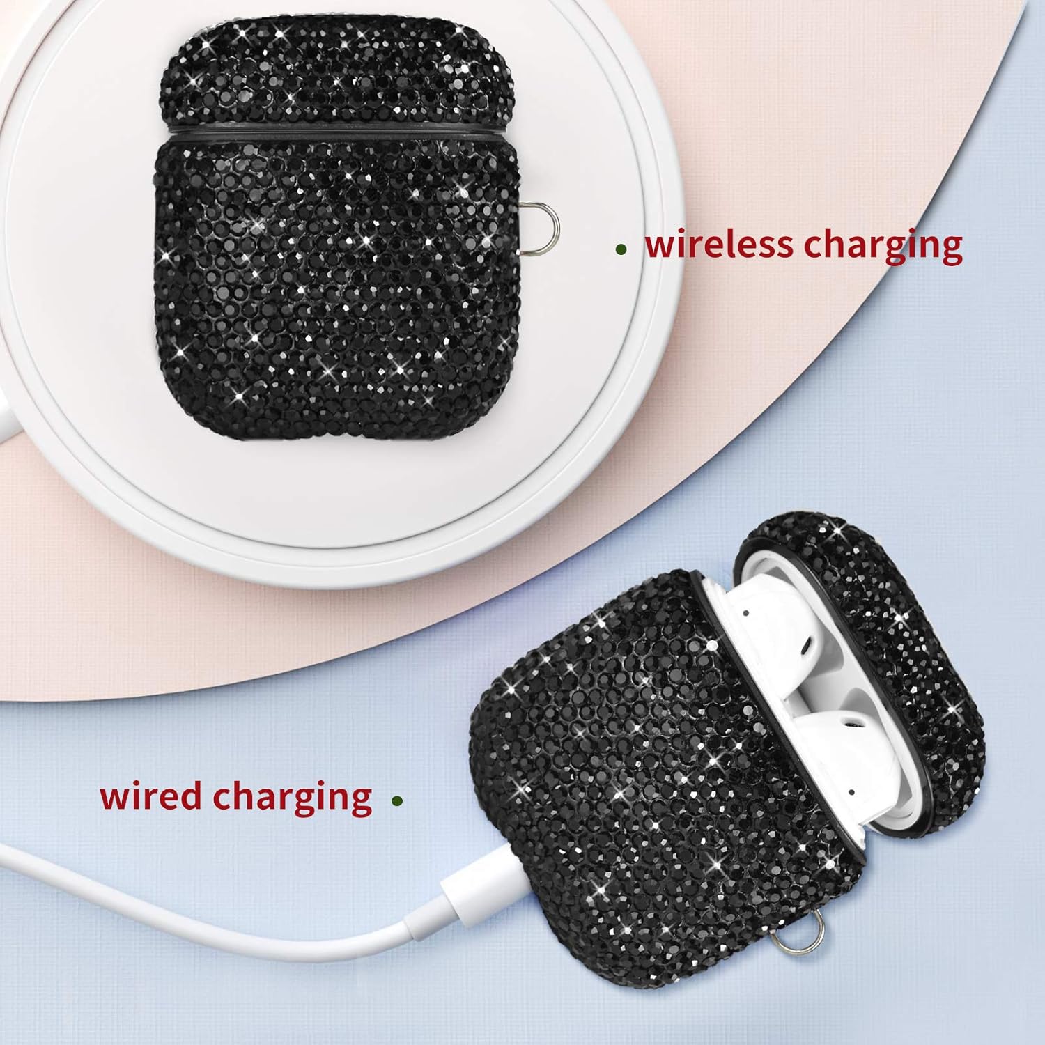 Funda para AirPods 1 y 2, llavero+correa antipérdida+ganchos para las orejas+soporte para correa de reloj, protector de cristal brillante con