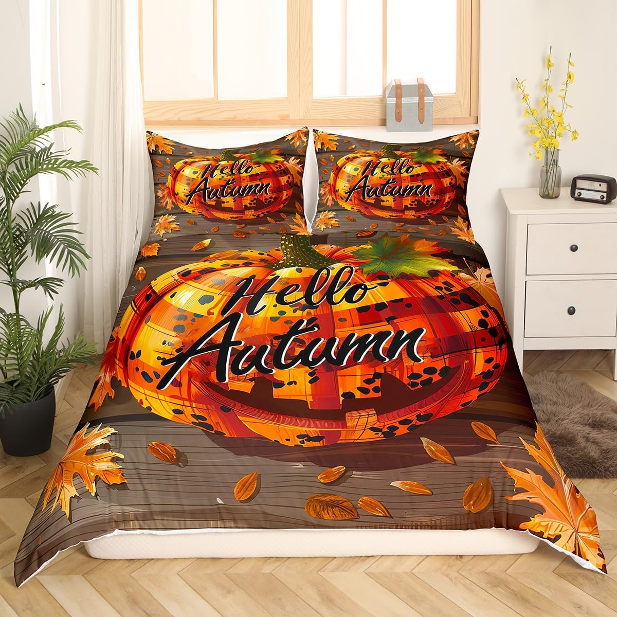 Manfei Juego de funda de edredón de calabaza de otoño, tamaño matrimonial, funda de edredón de calabaza leopardo a cuadros con 2 fundas de almohada,