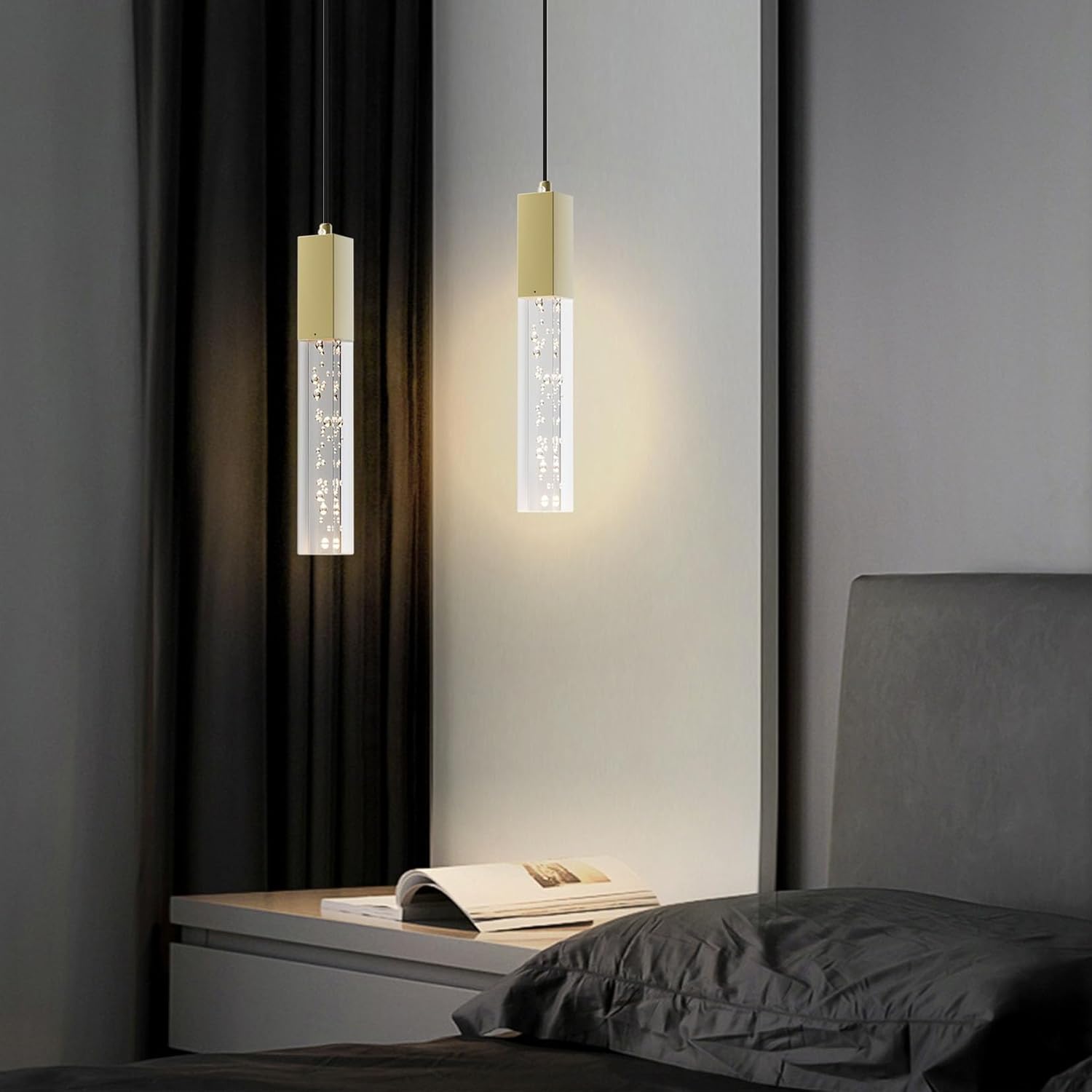 Lámpara colgante de latón, lámpara colgante LED integrada regulable moderna para isla de cocina, mini lámpara colgante de cristal para baño