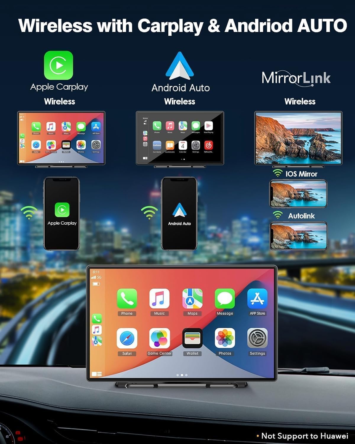 LAMTTO Estéreo inalámbrico portátil para automóvil Apple Carplay con cámara de tablero de 2.5 K, navegación GPS de pantalla táctil de 9 pulgadas