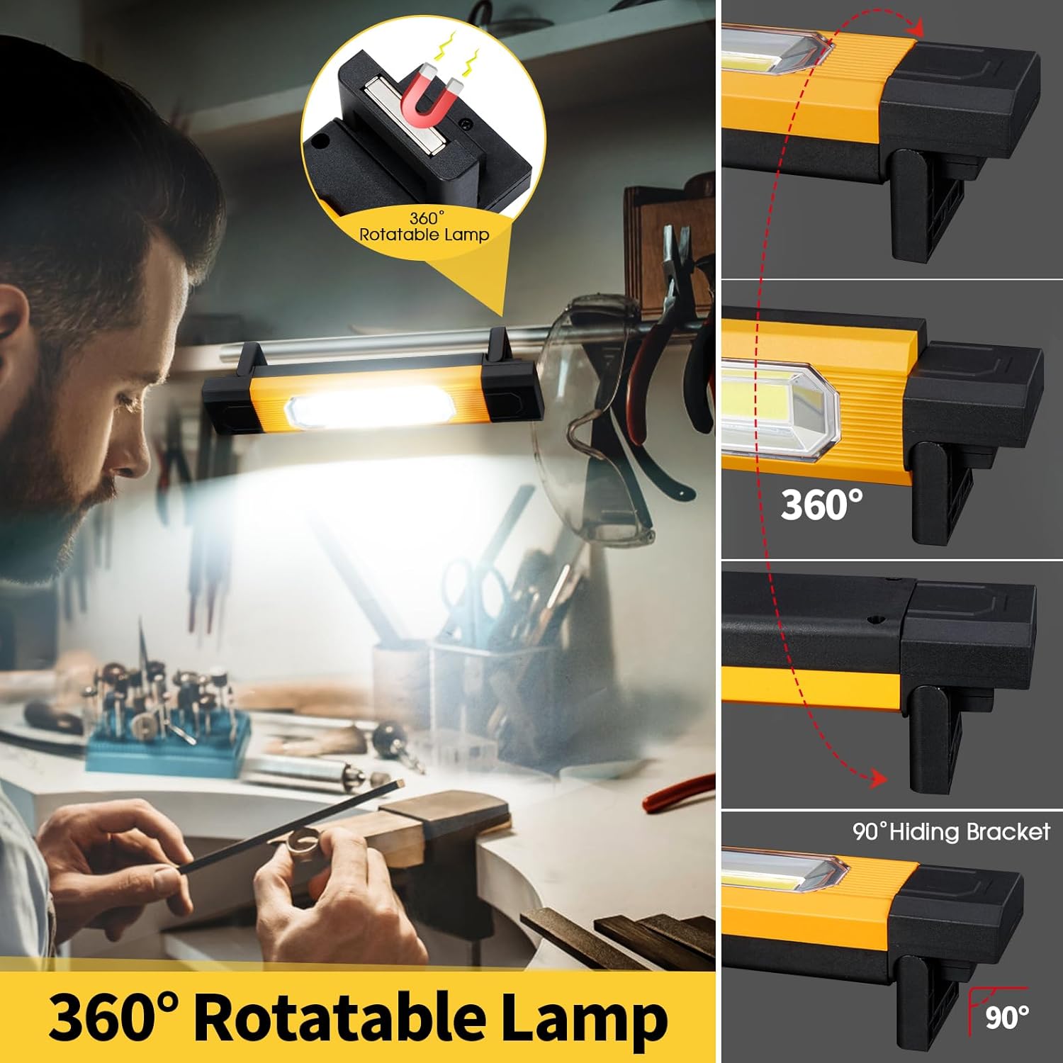 Luz de trabajo recargable debajo del capó, luz de trabajo magnética de 2800 lúmenes con soporte de 90, luces de trabajo COB giratorias de 360 con