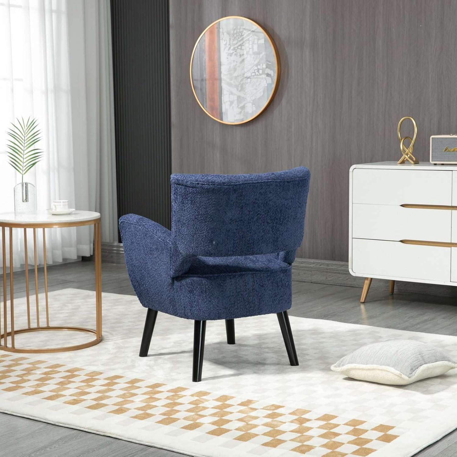 Silla decorativa de tela con asiento tapizado, moderna y elegante silla de sala de espera con brazos de madera maciza, color azul claro