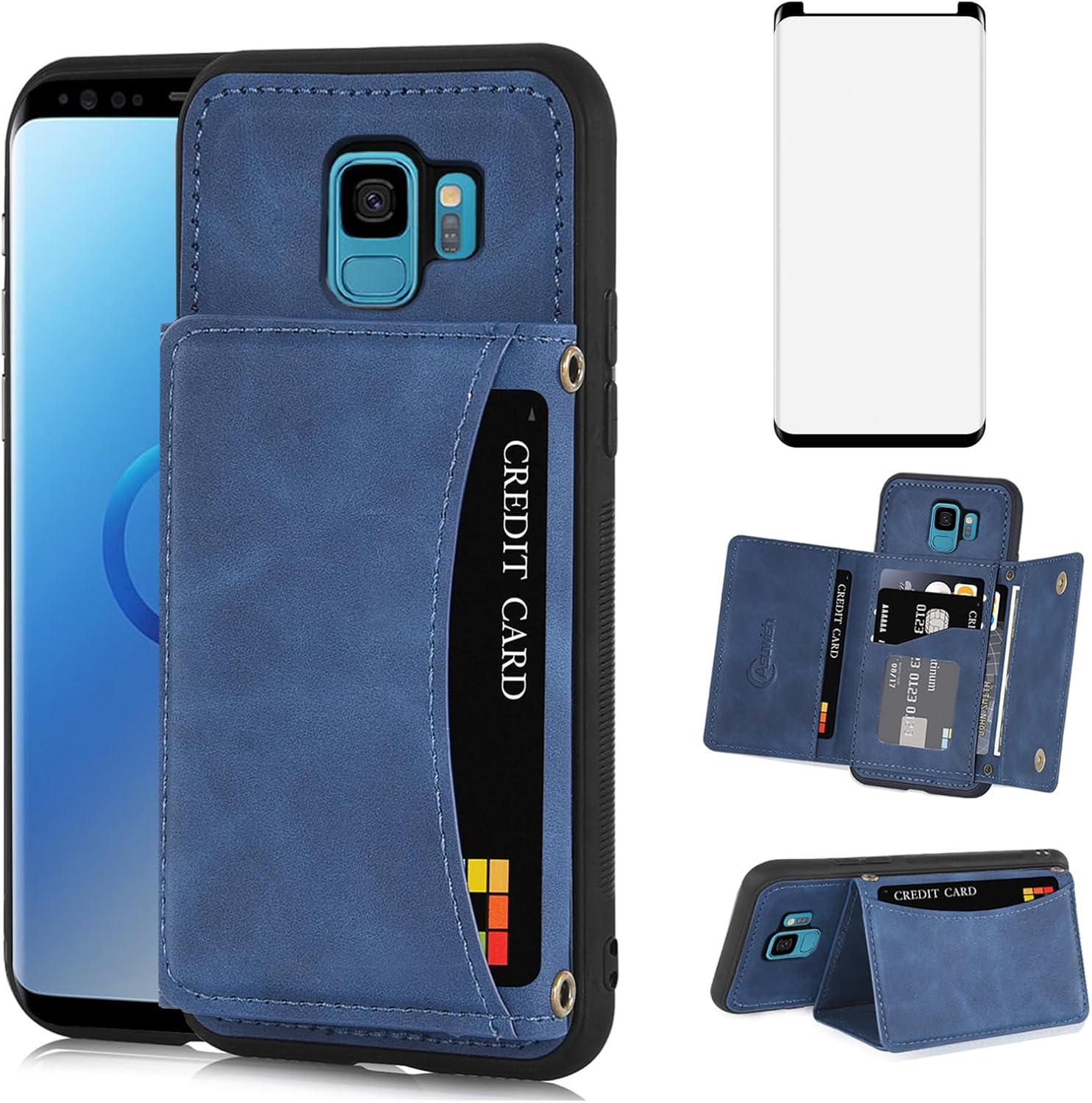 Asuwish Funda de teléfono para Samsung Galaxy S9 con protector de pantalla de vidrio templado y soporte de cuero sintético para tarjetas de crédito,