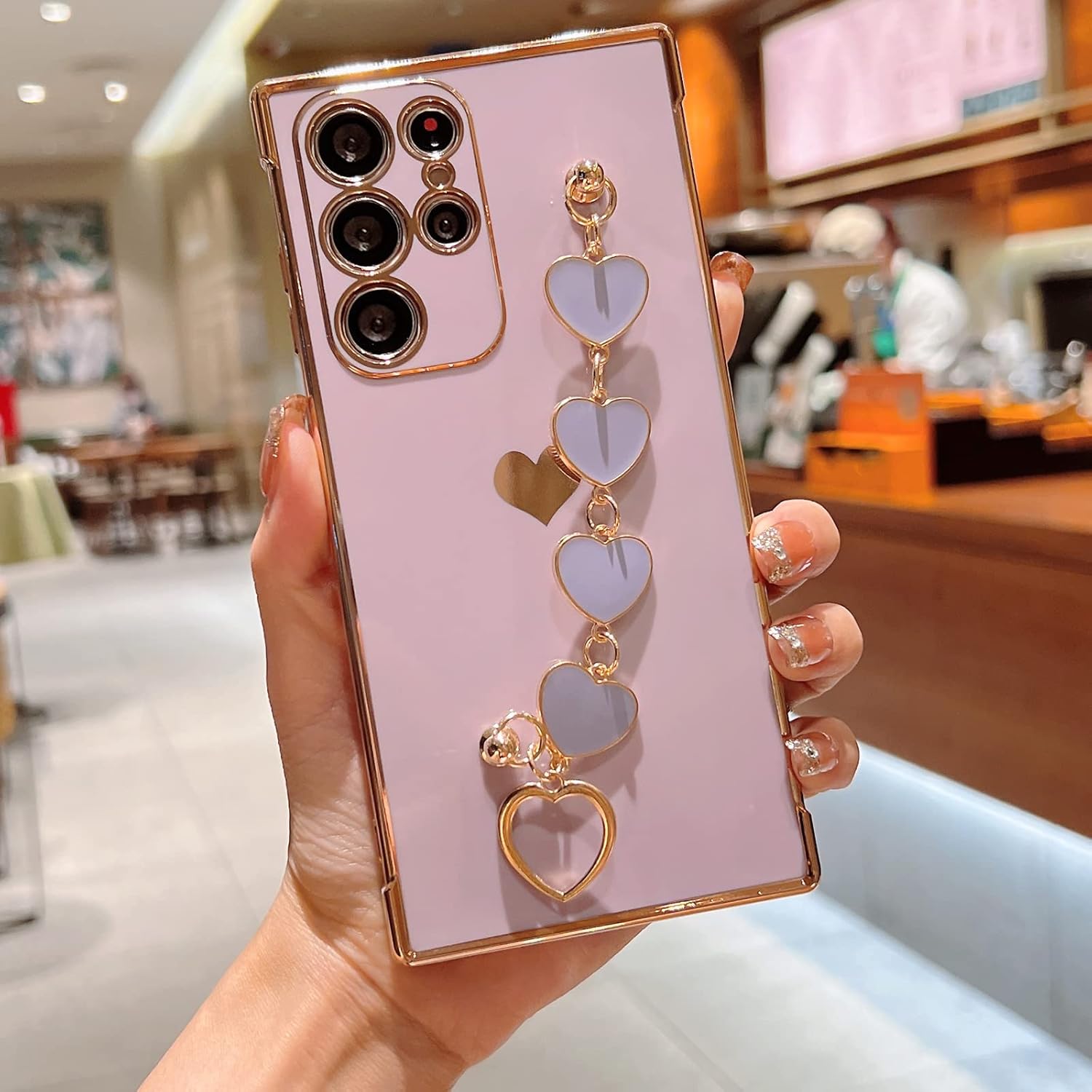 Funda para Samsung Galaxy S22 Ultra con pulsera de cadena única, chapado de lujo, bonitos corazones en el lateral, funda de correa de mano de fácil