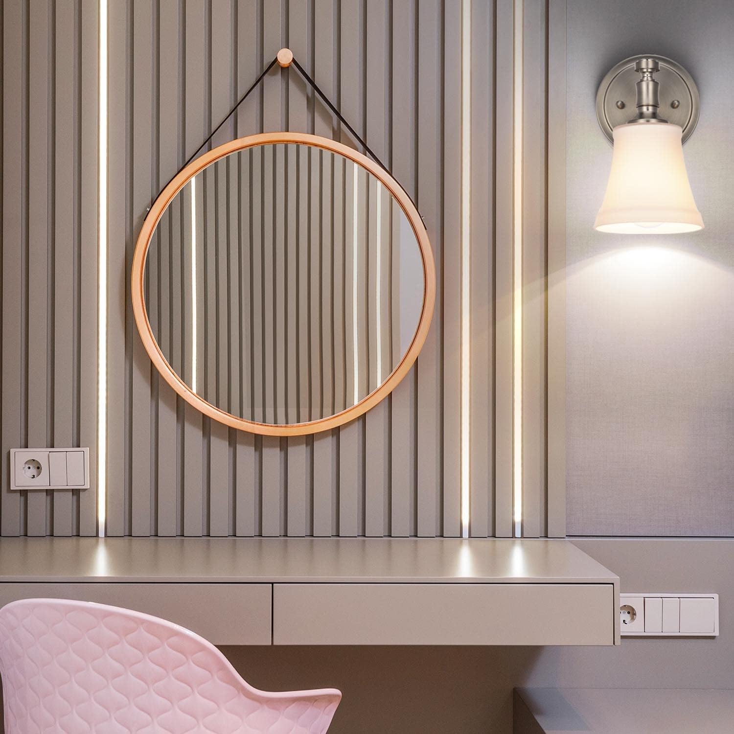 Wall Sconces, Traditional Brushed Nickel 1 Light Sconce, Wall Light with Opal Glass Shade for Bedroom Bathroom Living Room & Hallway Vanity Lighting