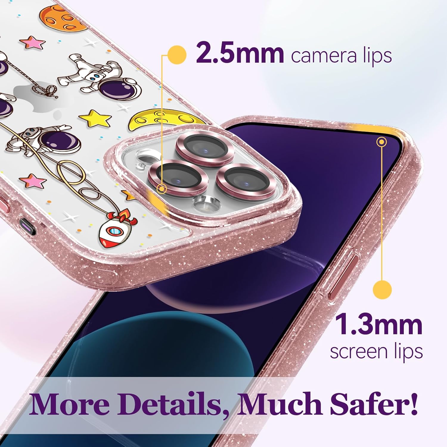 casevivid Funda compatible con iPhone 15 Pro, bonita estética, funda de teléfono rosa con purpurina y protector de cámara, diseño de astronauta