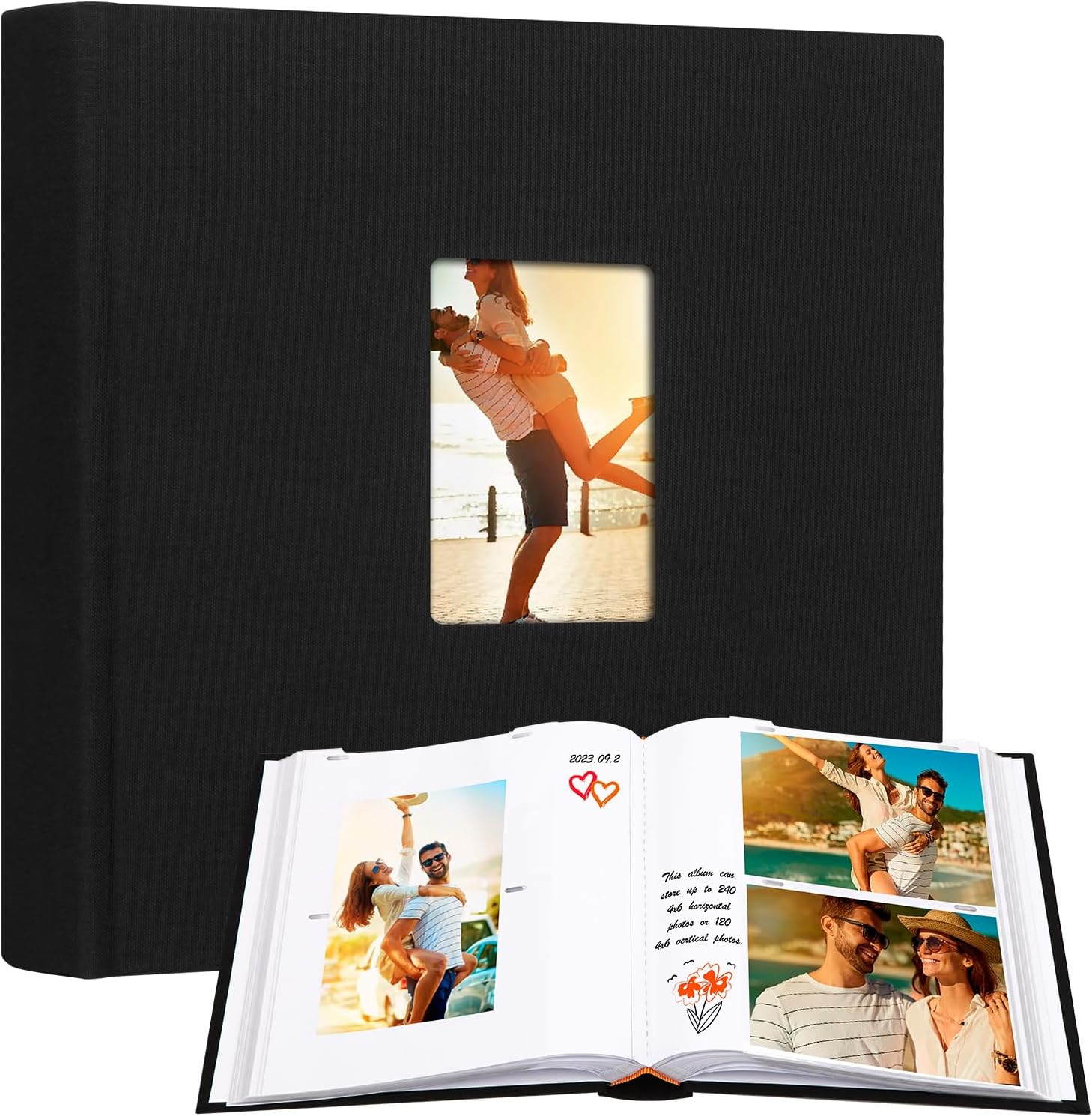 Álbum de fotos de 4 x 6 pulgadas, 240 fotos con espacio de escritura, álbum de fotos de 4 x 6 pulgadas, cubierta de lino con ventana frontal, 240