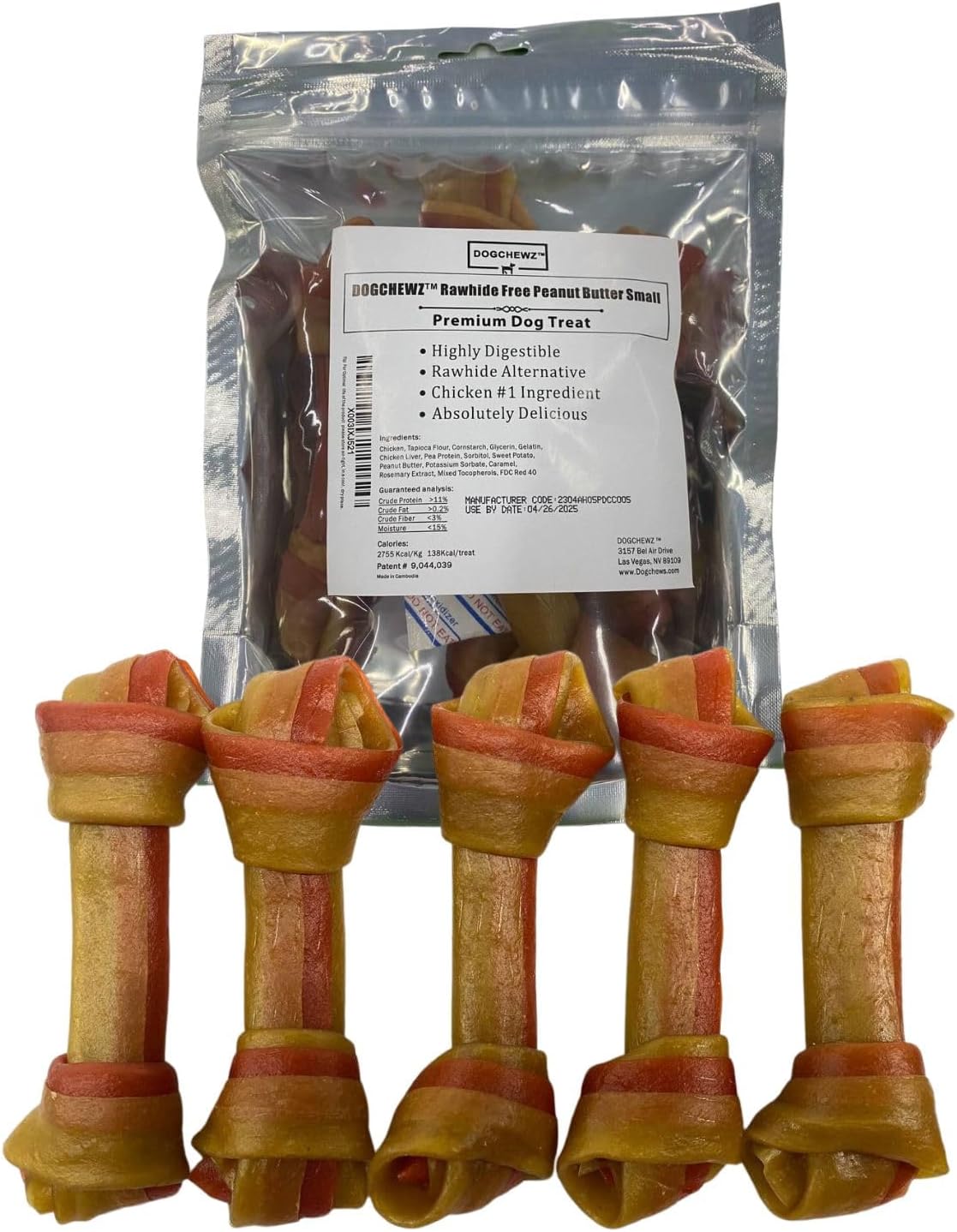DOGCHEWZ Mantequilla de maní anudada sin cuero crudo para perros pequeños, golosinas masticables de 5 pulgadas (5 unidadesbolsa), sabor a pollo, sin