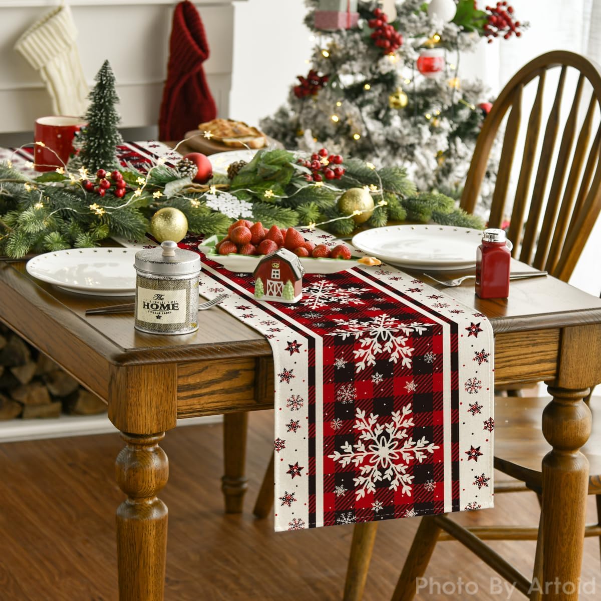 Artoid Mode Camino de mesa de Navidad con copos de nieve a cuadros, decoración de mesa de comedor de cocina de invierno para decoración de fiesta en