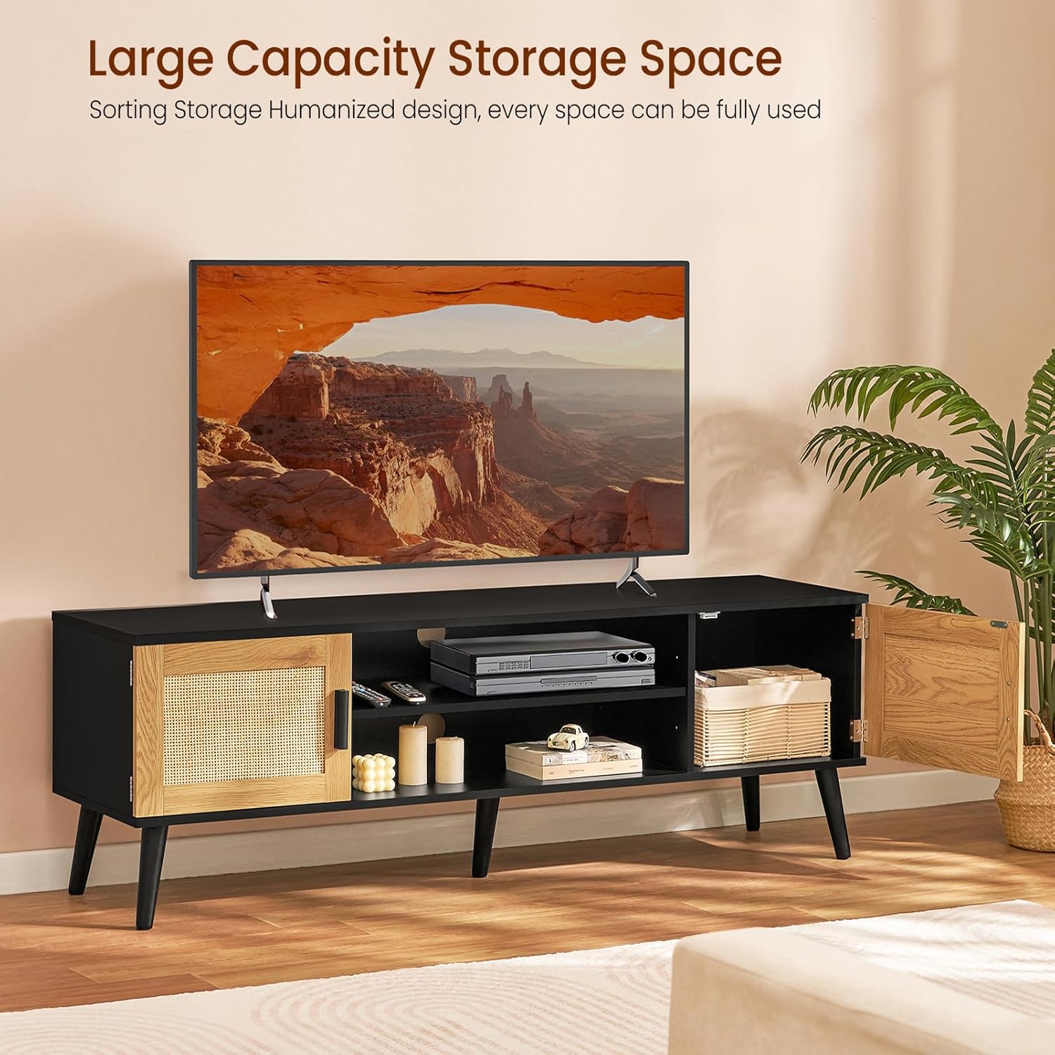Iwell Soporte de TV de ratán para TV de 55, 65, 70 pulgadas, centro de entretenimiento con estante ajustable y 2 gabinetes, soportes de TV para sala