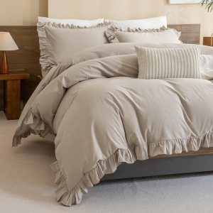 QSH Funda de edredón tamaño California King, 100% algodón, con volantes, de lino, texturizada, estilo vintage, elegante, de 3 piezas, estética, QSH Funda de edredón tamaño California King, 100% algodón, con volantes, de lino, texturizada, estilo vintage, elegante, de 3 piezas, estética,