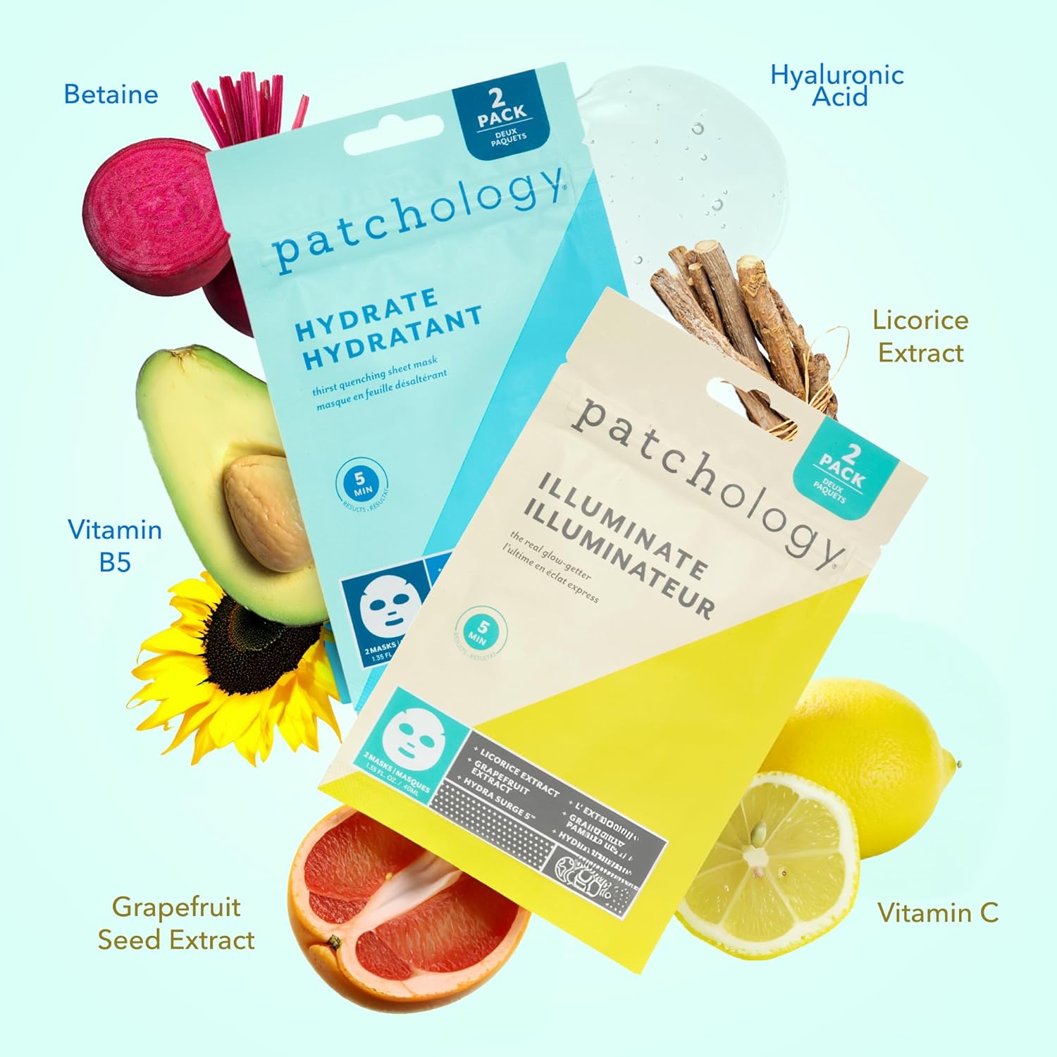 Patchology Mascarillas hidratantes, esenciales para el cuidado de la piel de viaje de fin de semana, máscaras de ácido hialurónico con suero
