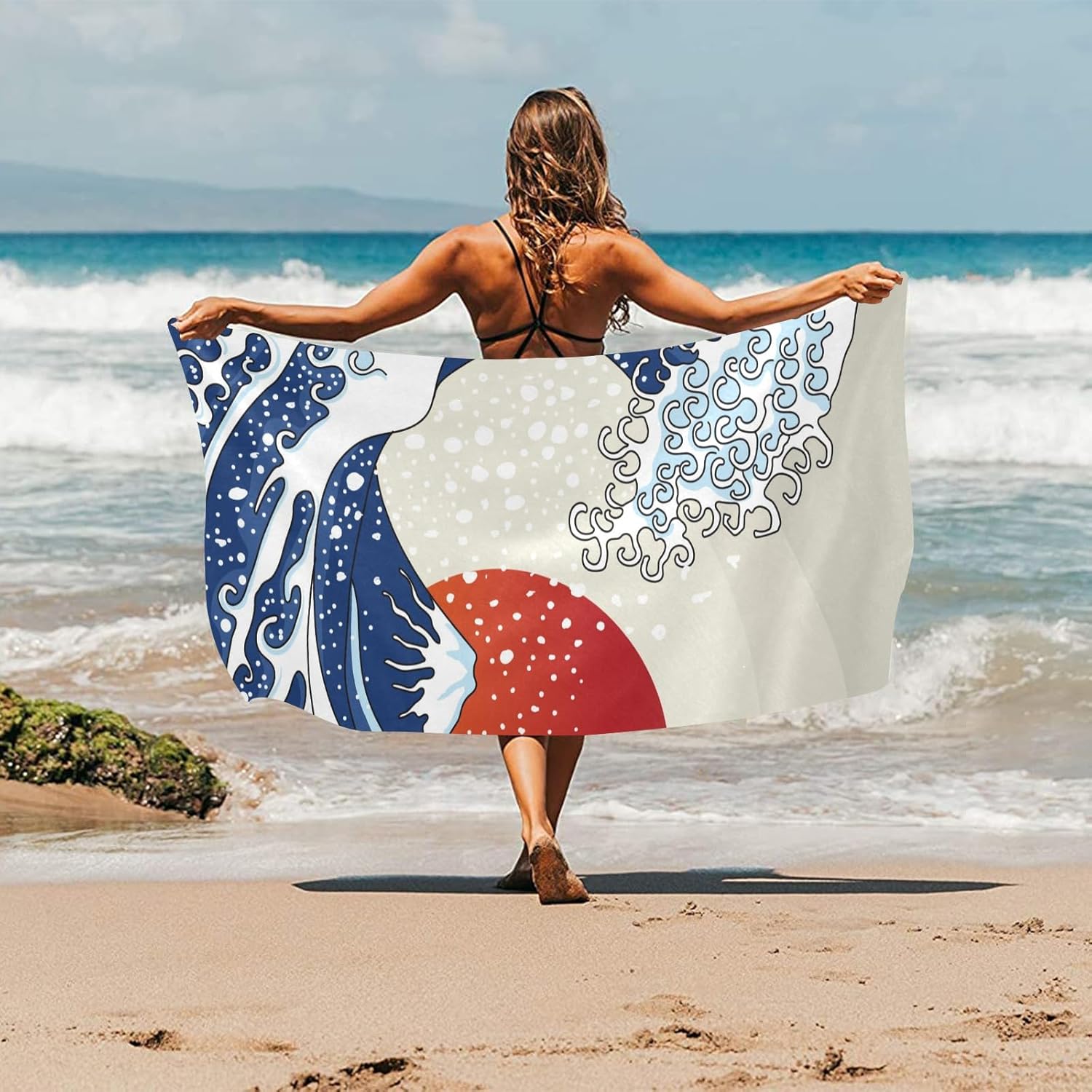 Toalla de playa de 30 x 60 pulgadas, estilo vintage, con ondas japonesas, puesta de sol, toalla grande para mujeres de viaje