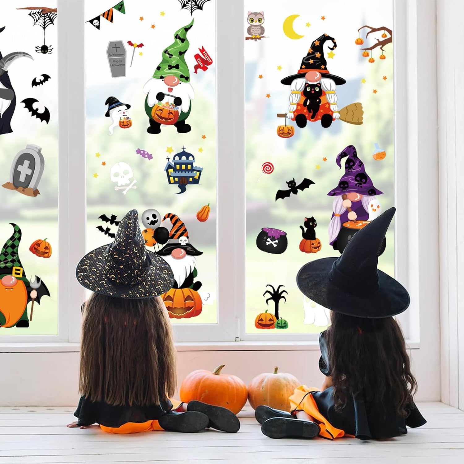 6 hojas de calcomanías de Halloween para ventana, 118 piezas reutilizables para decoración de ventanas de Halloween con brujas, calabaza,