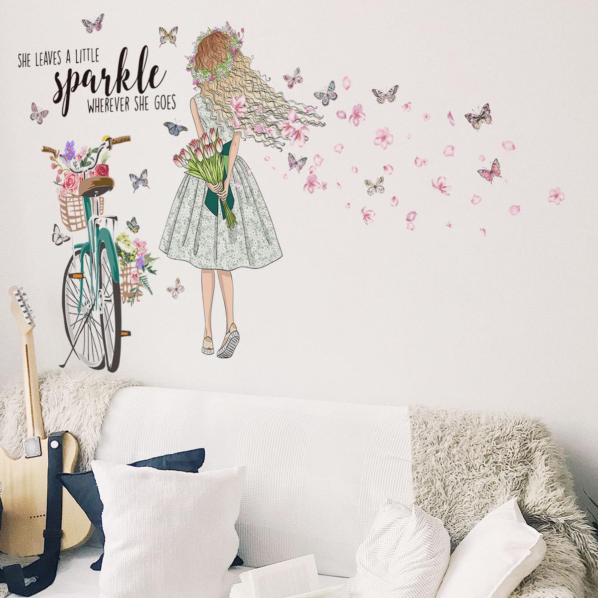 Calcomanías de pared de mariposa para niñas, diseño de flores de bicicleta, calcomanías de pared para despegar y pegar, habitación de niños,