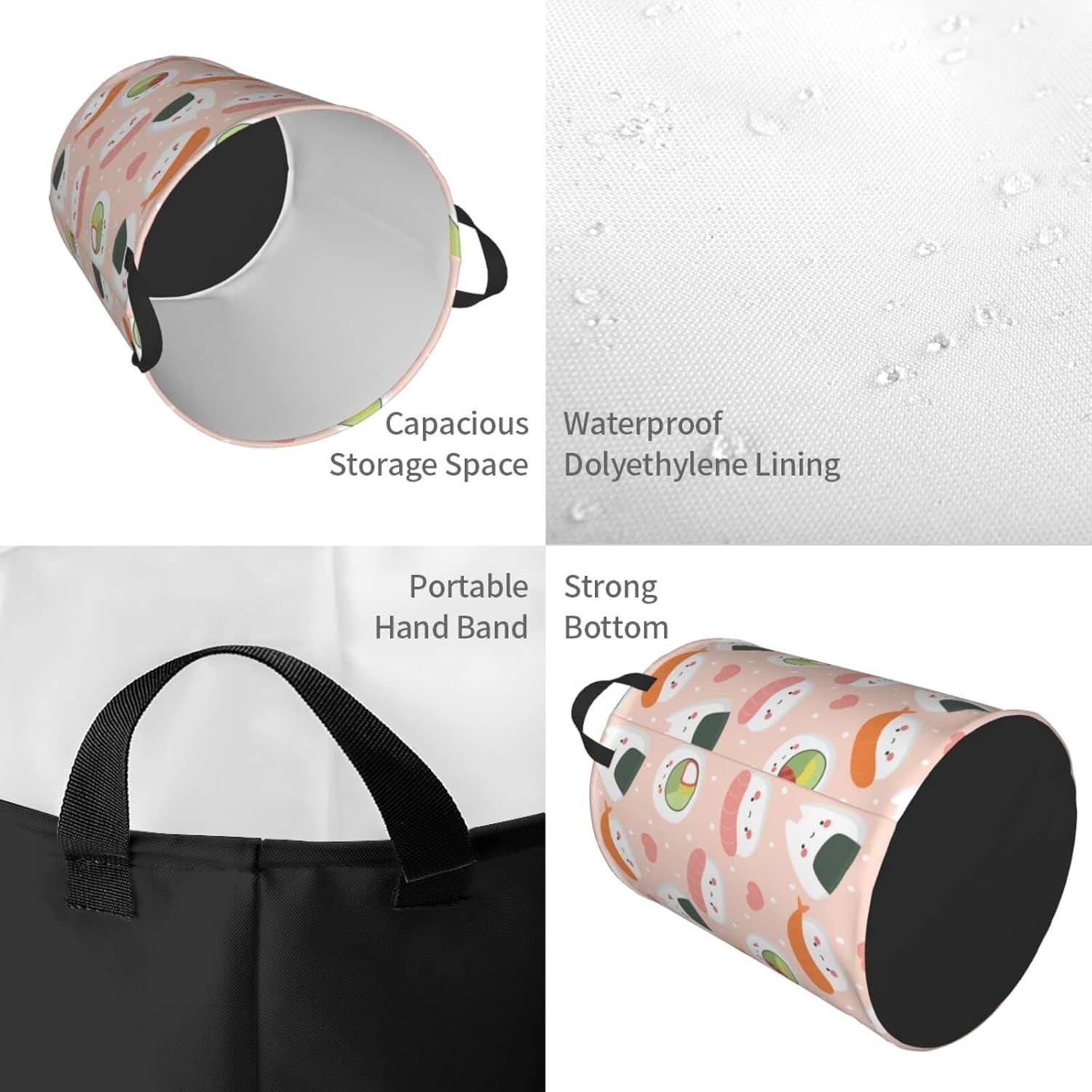 Cesta de lavandería plegable con diseño de comida de sushi con asa, impermeable, cesta de almacenamiento de lavandería, organizador de contenedores