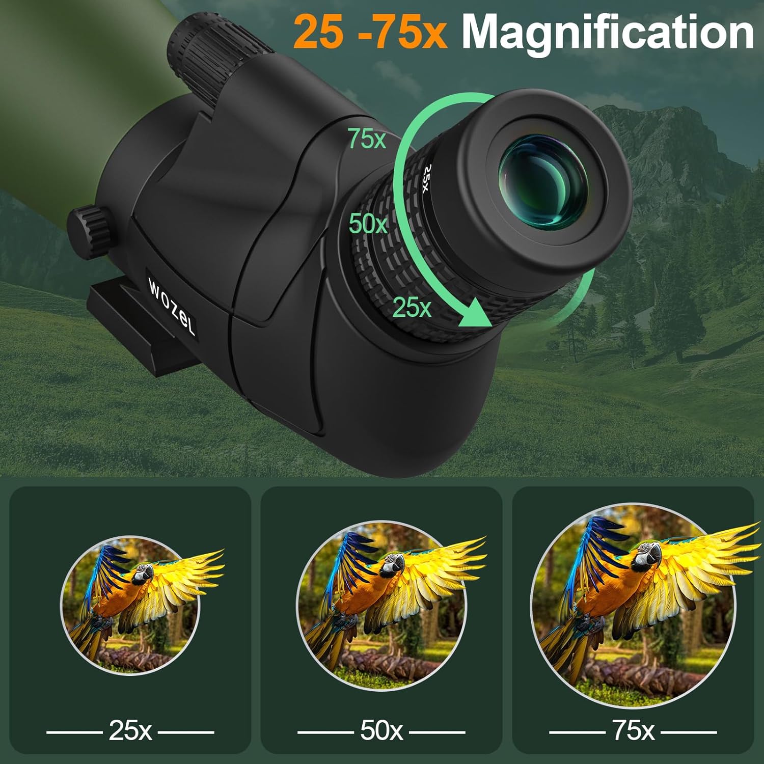 Wozel Visores de detección de 25-75 x 80 pulgadas para disparar al objetivo, visor HD con bolsa de transporte para trípode y soporte para teléfono