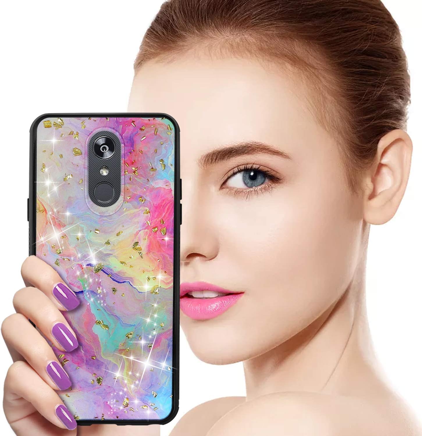 TJS Funda de teléfono celular para LG Stylo 55 Plus5V5X, arco iris, brillante, piel trasera, cuerpo completo, TPU suave parachoques