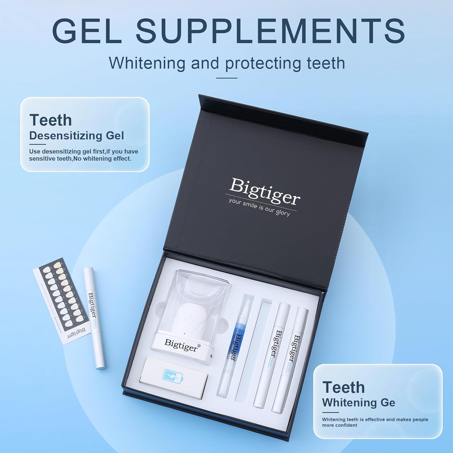 Bigtiger Kit de blanqueamiento de dientes, con luz LED inalámbrica, bandeja de blanqueamiento de dientes, gel blanqueador, probado para blanquear