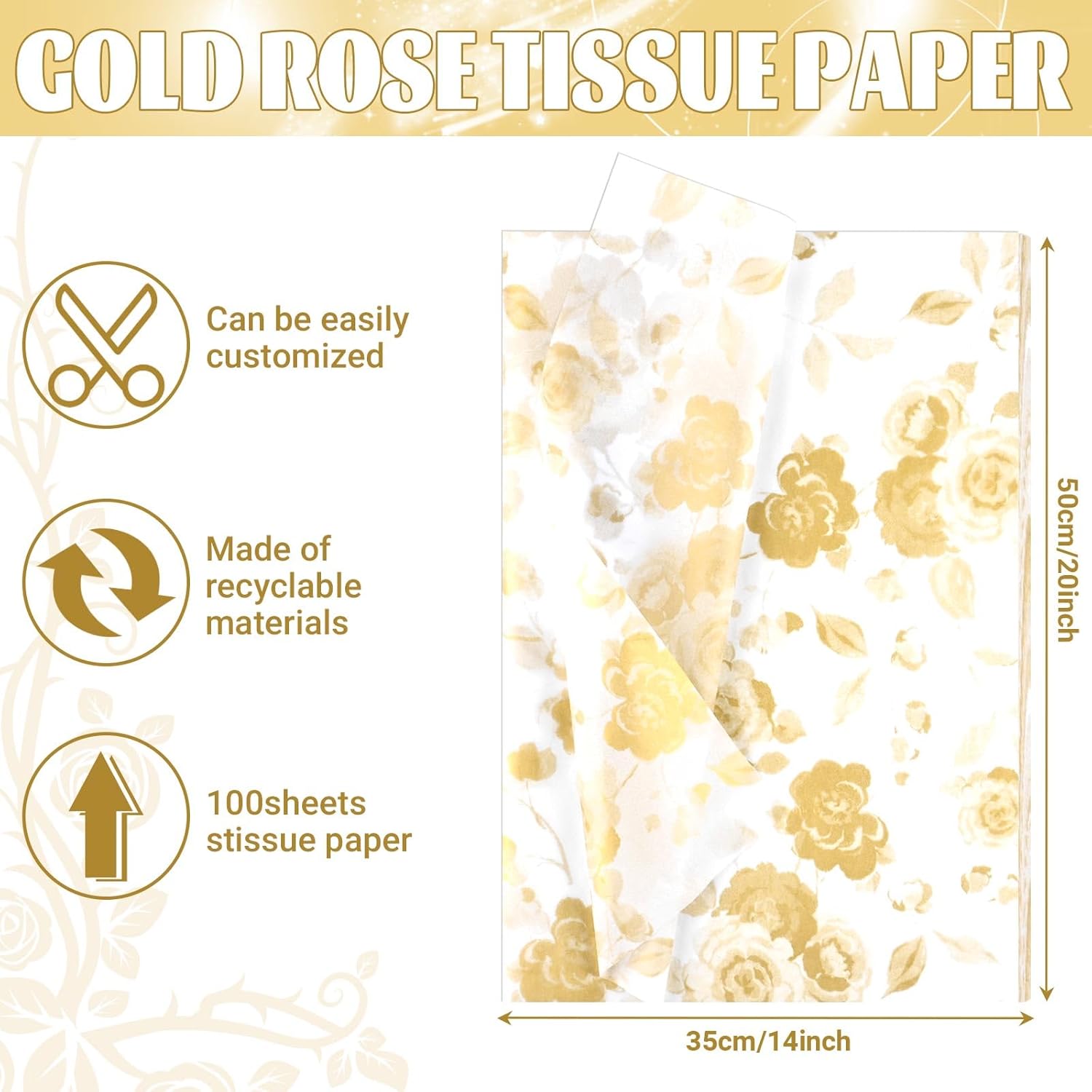 Bolsome 100 hojas de papel de seda floral de rosas a granel para envolver regalos, 20 x 14 pulgadas, papel de seda con patrón de flores vintage para
