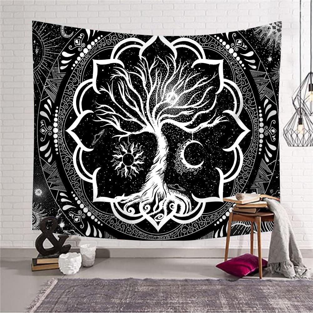 ARTHMOM Tapiz de árbol de la vida para dormitorio, estética de dormitorio, tapiz bohemio en blanco y negro, tapiz trippy de sol y luna con espacio