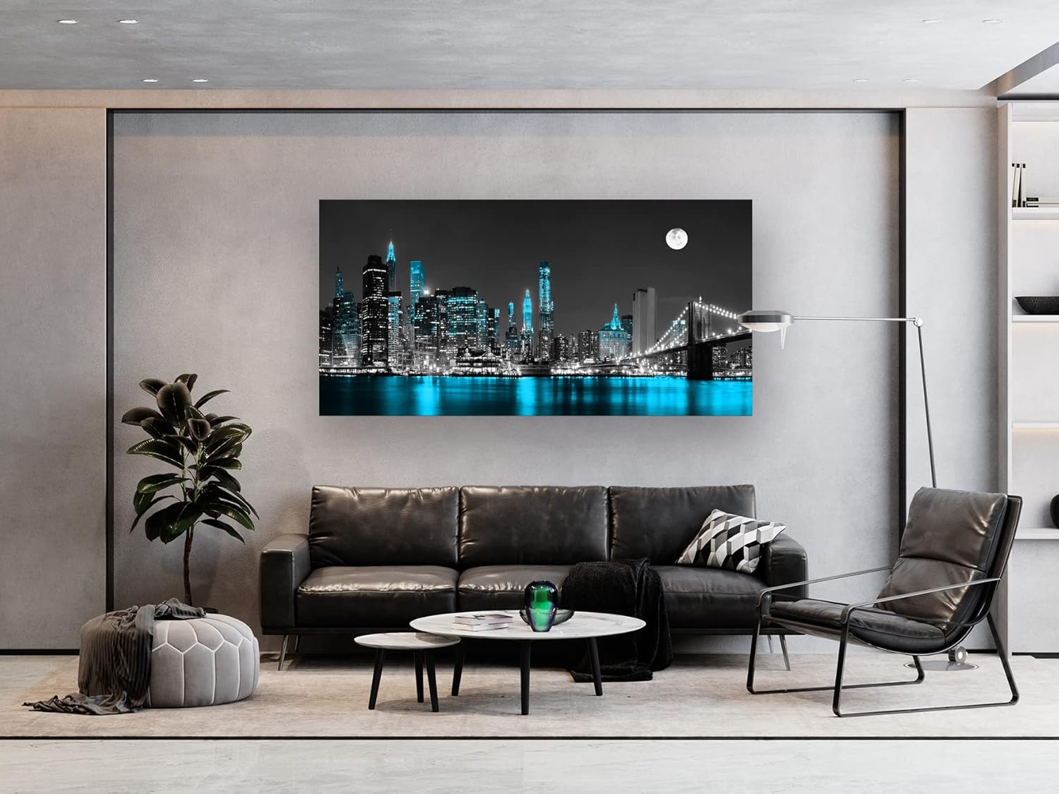Jiuqinghua Lienzo decorativo para pared, 1 panel, negro, blanco y azul, puente de Brooklyn, paisaje urbano, paisaje nocturno, pintura para cocina,