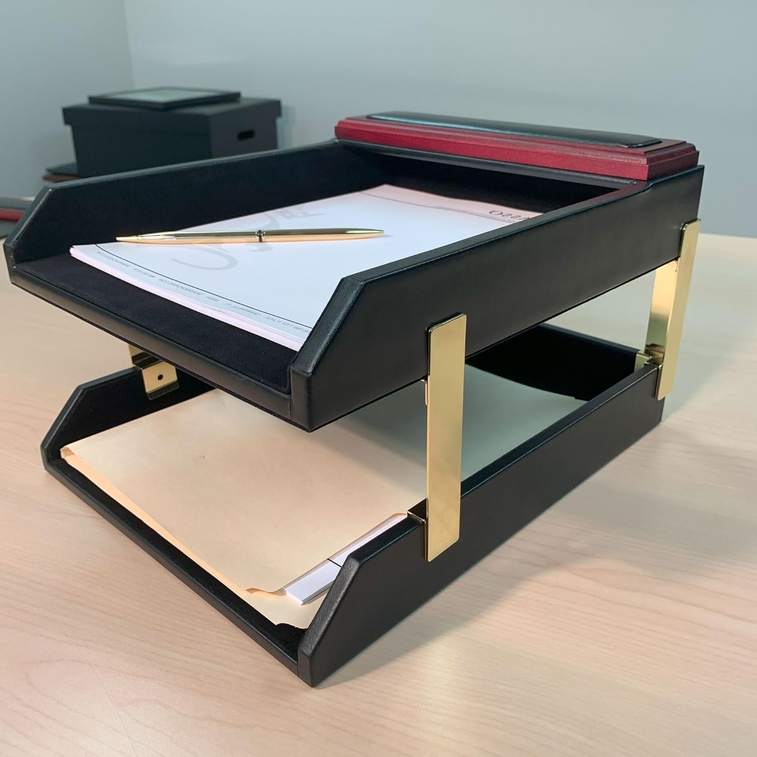 Dacasso Juego de accesorios de escritorio de 10 piezas de palisandro y cuero negro, elementos esenciales de organización con almohadilla de
