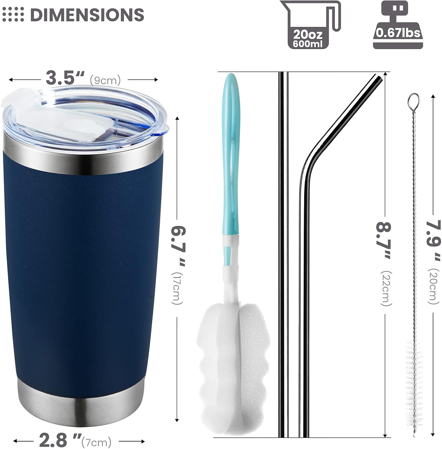 COKTIK – Paquete de 12 vasos de 20 onzas con tapa y popote, cepillo, aislamiento al vacío con doble pared de acero inoxidable, térmico para bebidas