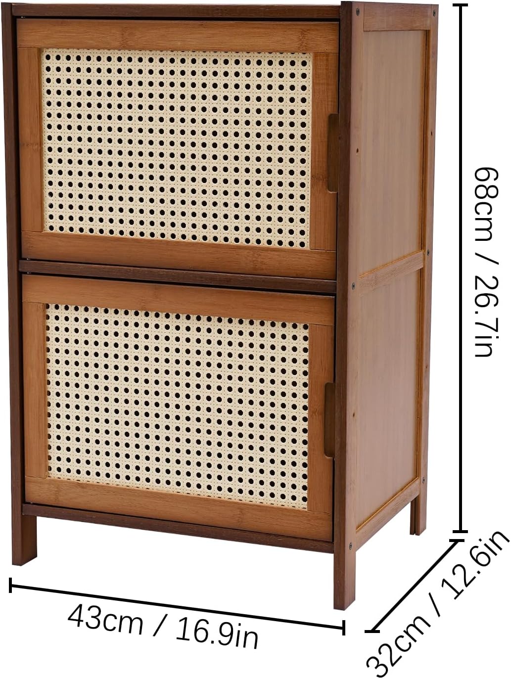 Mesita de noche con 2 cajones decorativos tipo ratán, moderna mesita de noche con pies de bambú natural macizo, mesa auxiliar de cama para