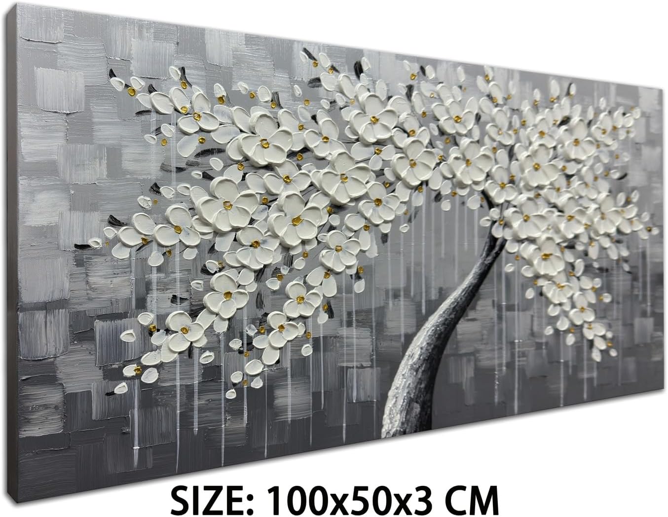 zoinart 100% pintado a mano abstracto moderno lienzo de flores pinturas de pared de 20 x 40 pulgadas, pintura al óleo floral blanca en 3D sobre