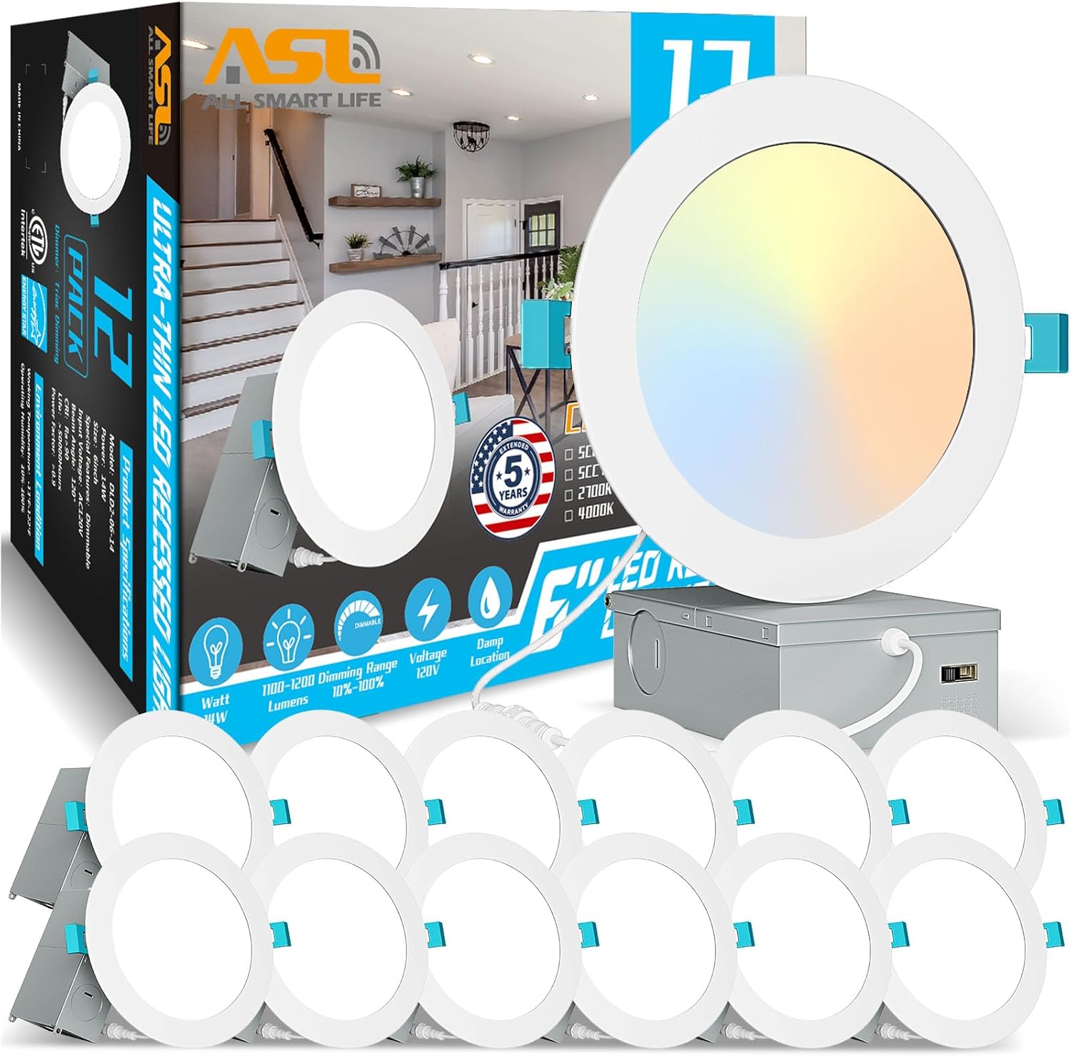 Allsmartlife 12-Pack 6 Inch LED Recessed Light, 5CCT 2700K-3000K-3500K-4000K-5000K 14W150W 1200LM Dimmable Ultra-Thin Canless LED Recessed Lighting,