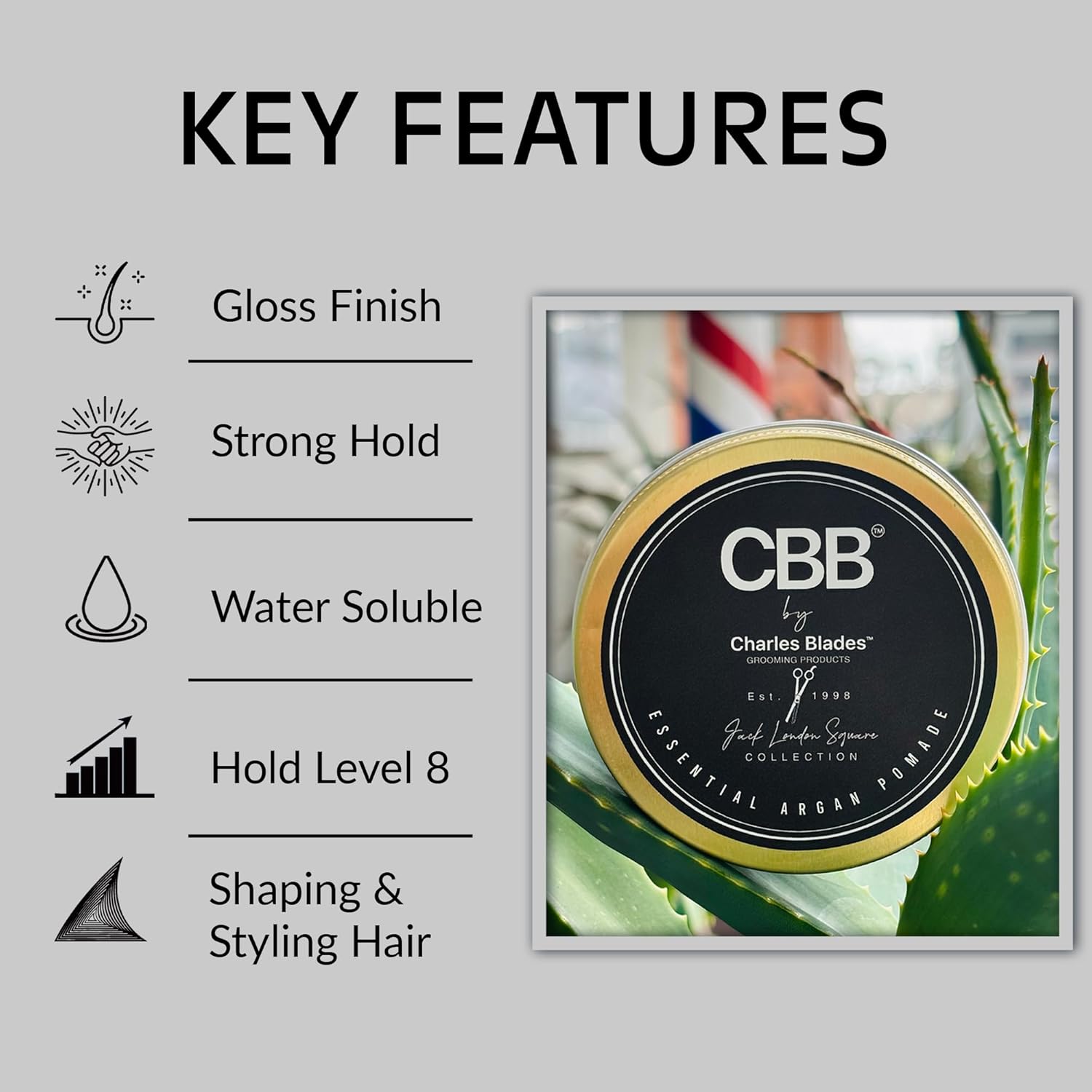 CBB By Charles Blades Pomada de argán esencial Mantenga el nivel 8  Pomada para dar forma y peinar para hombres y mujeres, agarre fuerte, soluble en