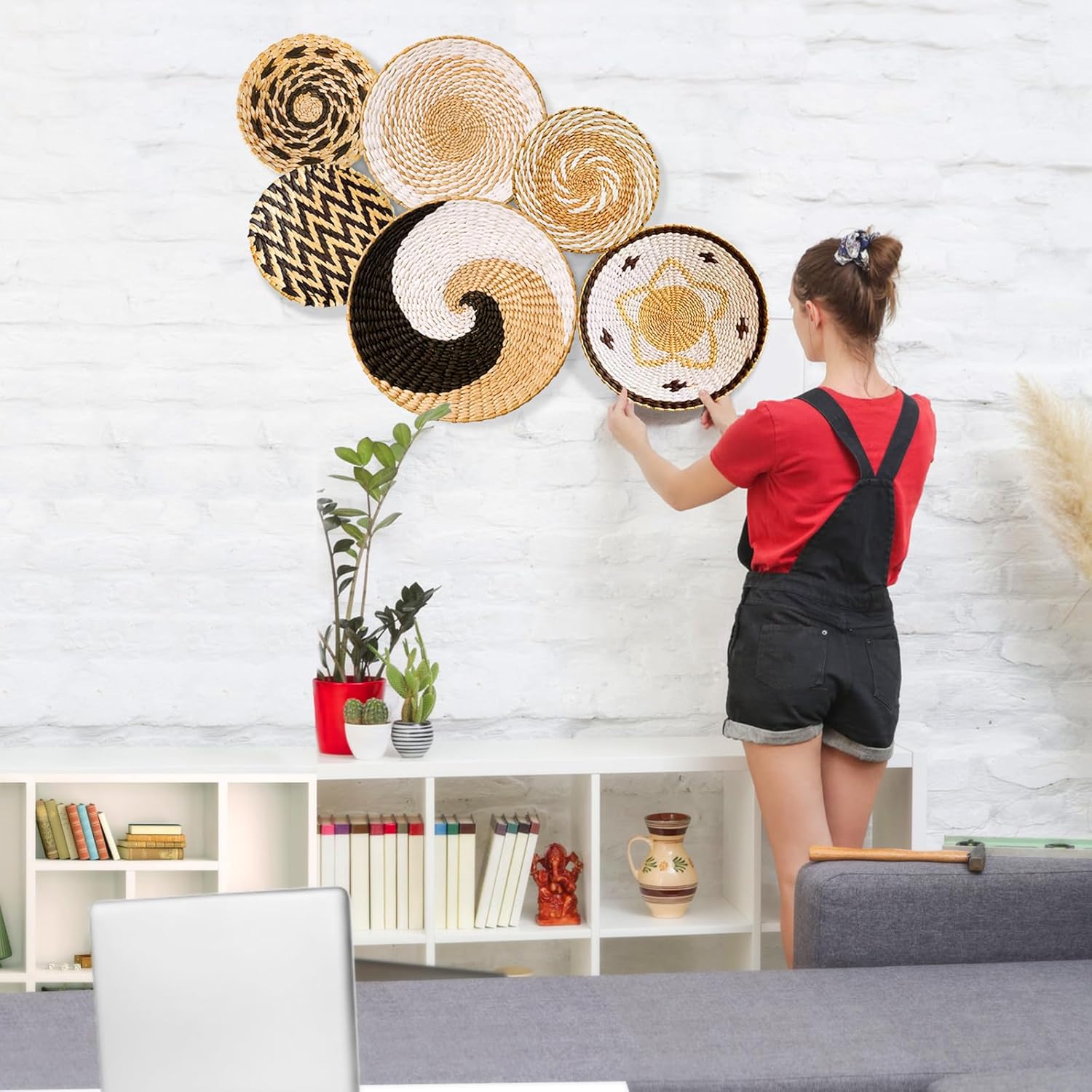 Juego de 6 cestas de pared tejidas para colgar, grandes, redondas, rústicas, rústicas, modernas, decoración de pared de ratán y seegrass hecha a