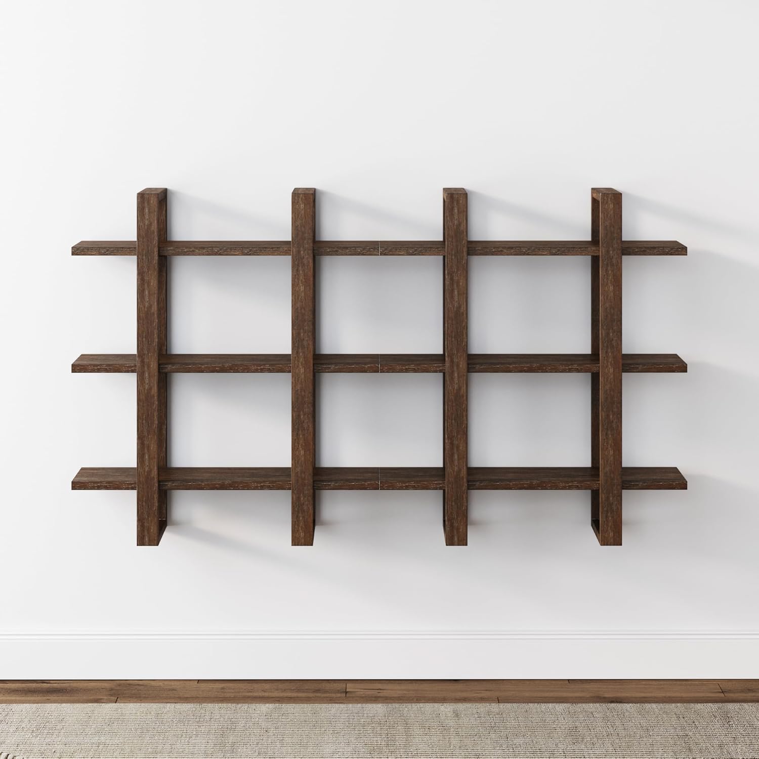 Nathan James Estantes flotantes de pared para libros, estante de exhibición de 3 niveles, estante modular decorativo en madera maciza para