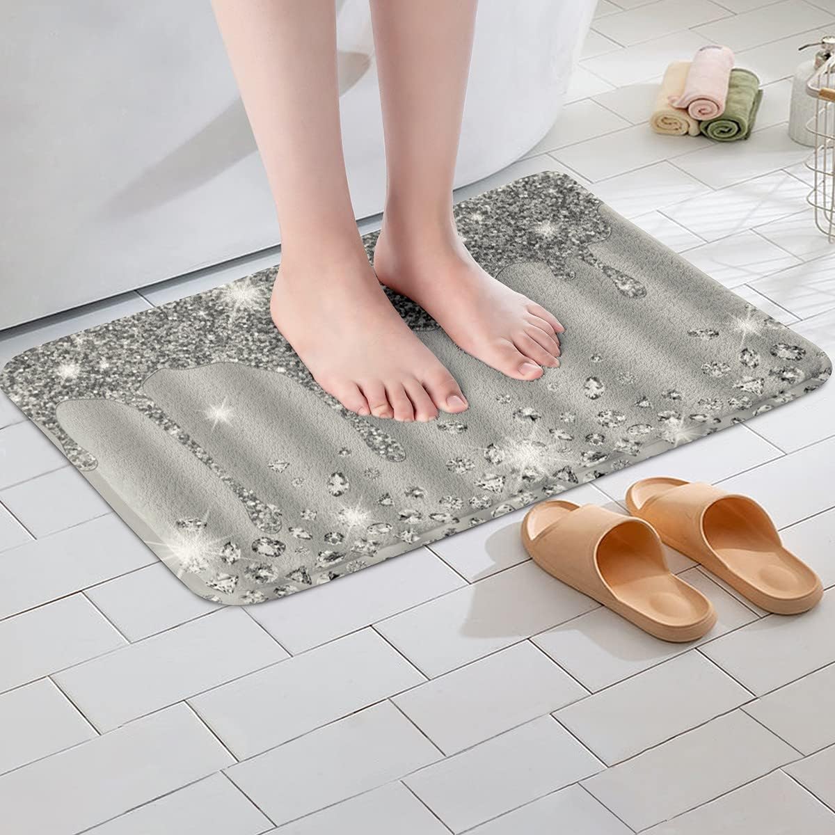 Feelyou Tapete de baño antideslizante con estampado plateado con purpurina (sin purpurina), color gris, lanudo y absorbente, para piso de diamante y