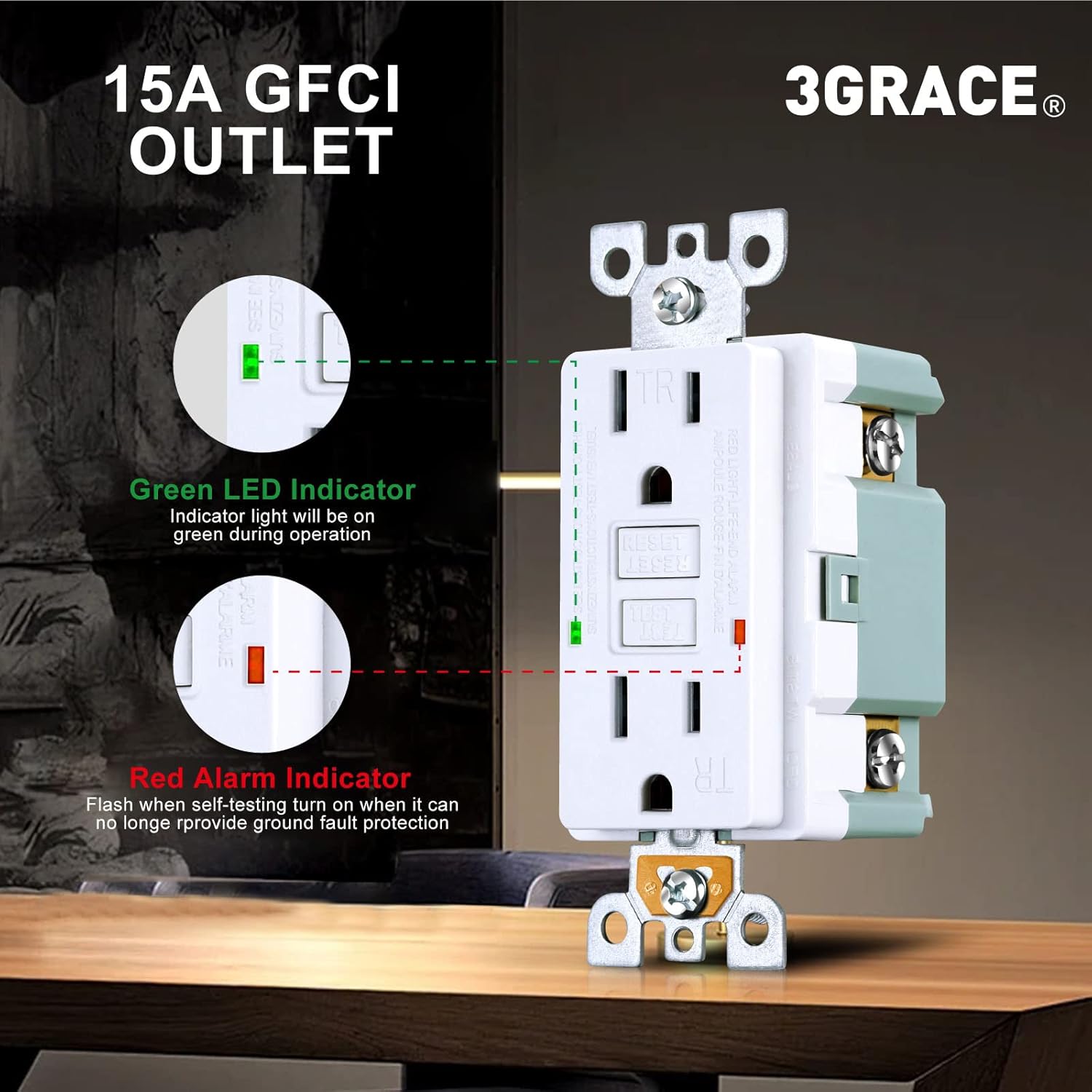 3GRACE Salida GFCI de 15 amperios, receptáculo GFI resistente a manipulaciones con indicador LED, interruptor de circuito de fallo de tierra de