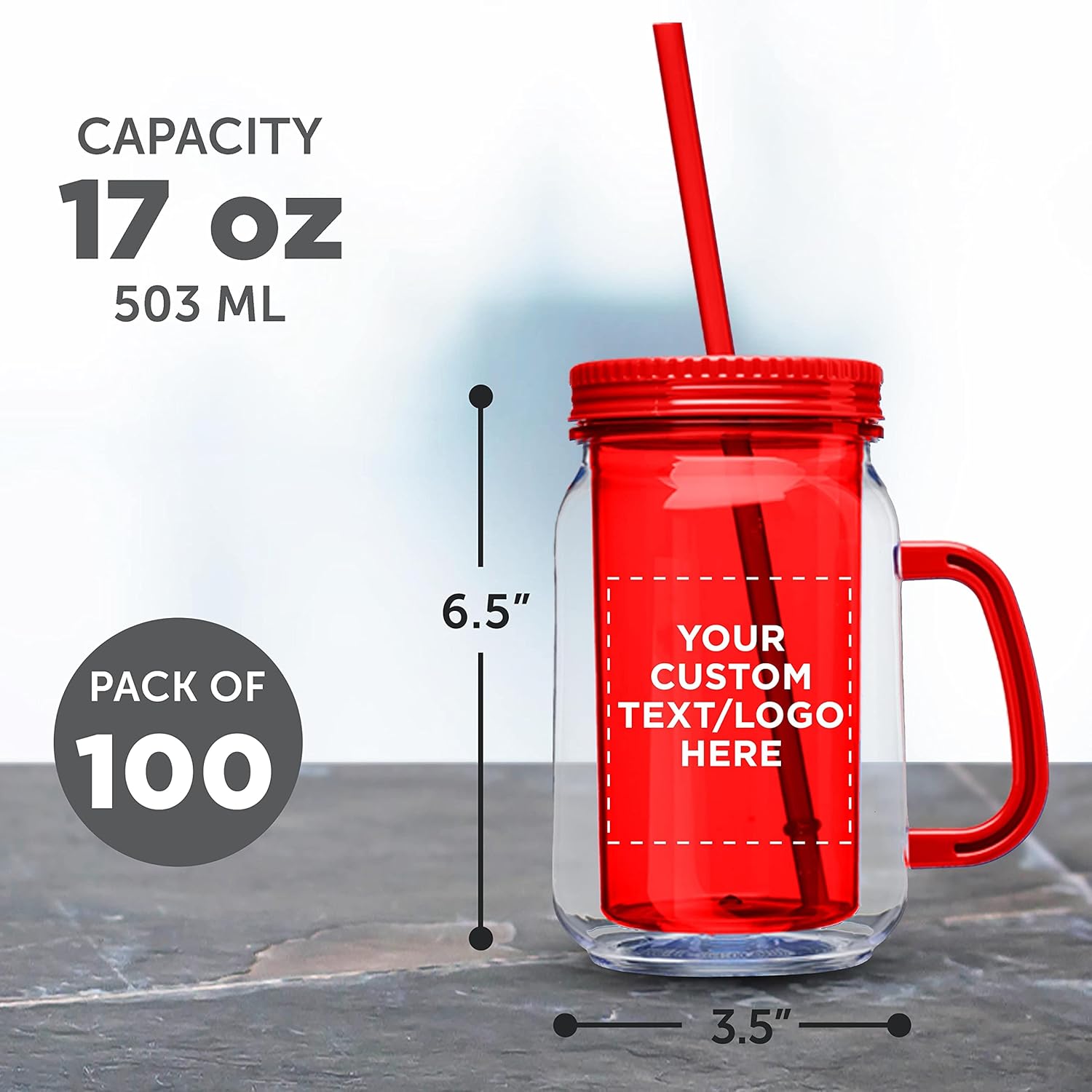 DISCOUNT PROMOS Tarros personalizados con pajilla, 17 onzas, juego de 100, paquete personalizado a granel, frascos de vidrio para avena durante la